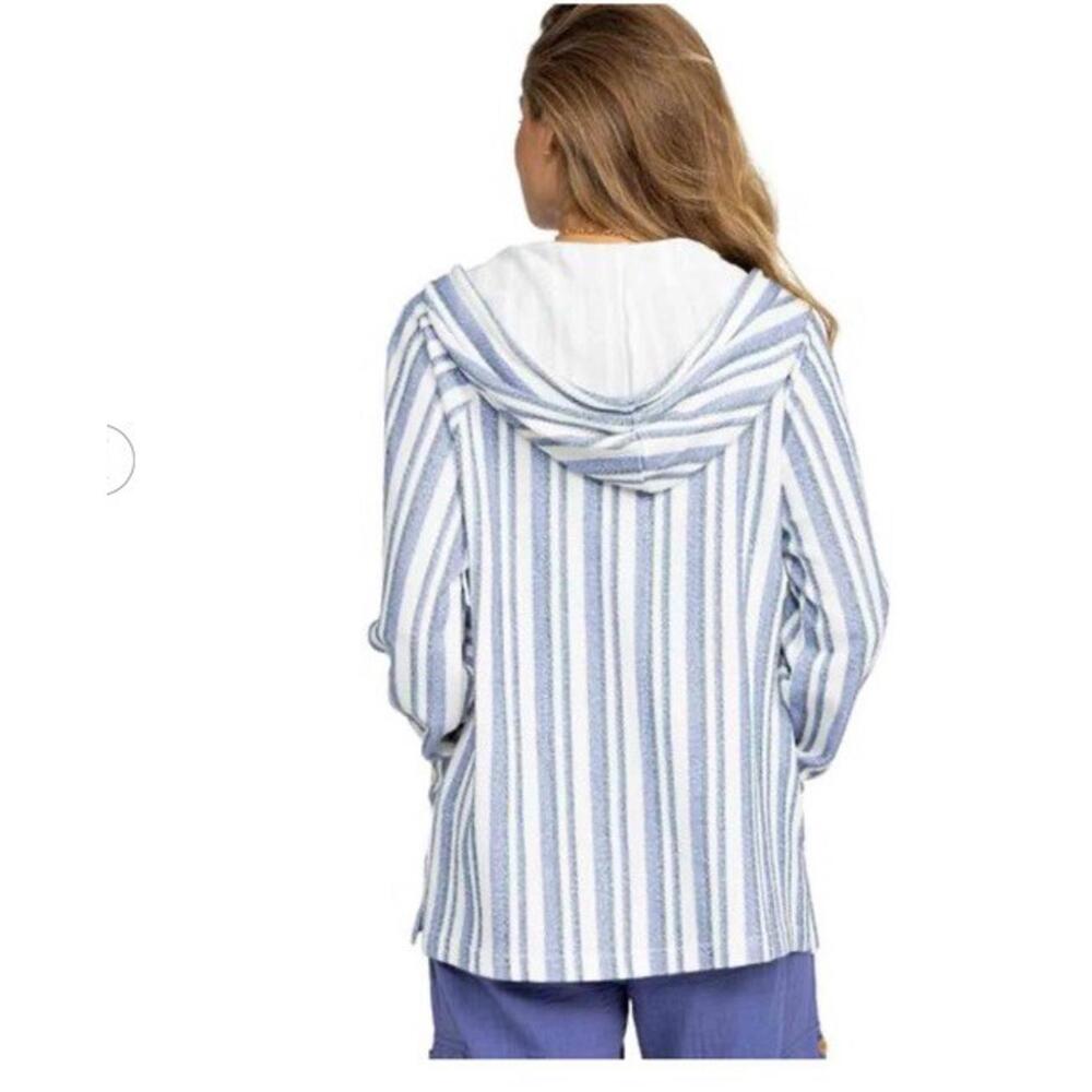 ROXY Womens Blue Striped Wild And Free Notched V Neck Poncho Hoodie Size S - Picture 2 of 4